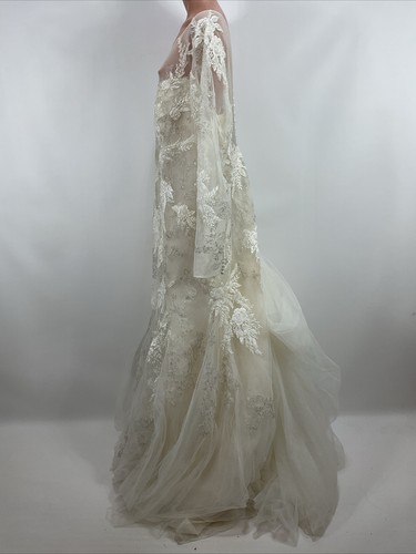 Oleg Cassini Illusion Beaded Lace Wedding Dress 24W Long Sleeve Gown 8CWG844 - Picture 9 of 12