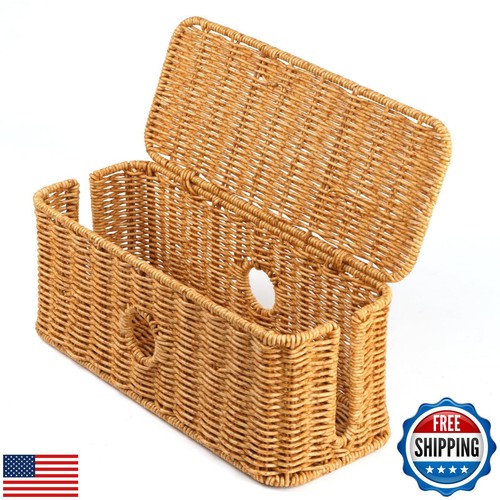 Rattan Cable Management Box Handwoven Cord Organizer Box, 4 Open Slots Cords
