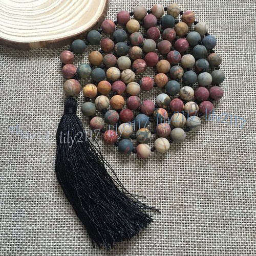 6/8/10 mm Matt Picasso Jaspis Edelsteine Tibet Buddhistisch 108 Gebetsperlen Mala Halskette - Bild 6 von 7