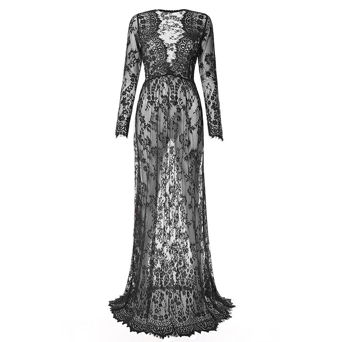 chinese dress ladies Black Lace Twist Draped Sheer Mermaid Photoshoot Maternity Maxi Dress Black / L