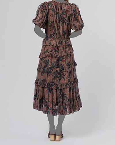 $796 Ulla Johnson Women's Brown Silk Split Neck Puff Sleeve A-Line Dress Size 4 - Picture 3 of 4