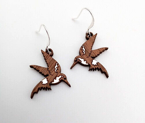 Dark Natural Maple Wood Hummingbird Earrings with Foil Accents - Picture 1 of 4