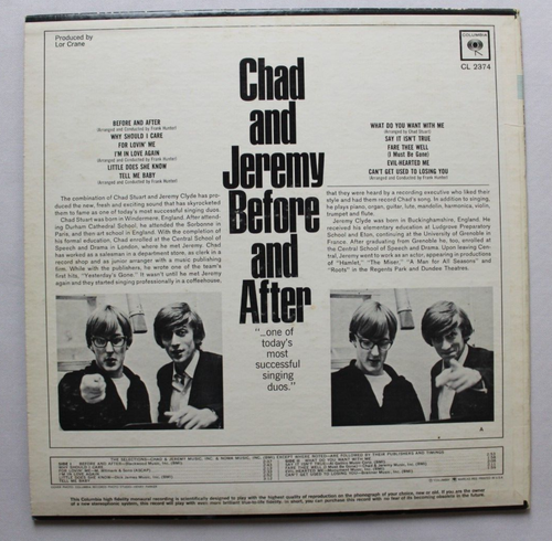 VINTAGE CHAD & JEREMY BEFORE AND AFTER LP 12" VINYL RECORD *QUICK SHIP* 2 EYE - Picture 2 of 2