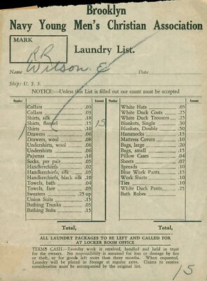 Navy Rates Wwii c1942 WWII Brooklyn NY YMCA US Navy Soldier Laundry List Billhead USS ...