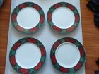 4x Block Gear Father Christmas Plaid Rim 10.5" Dinner Plates RED GREEN