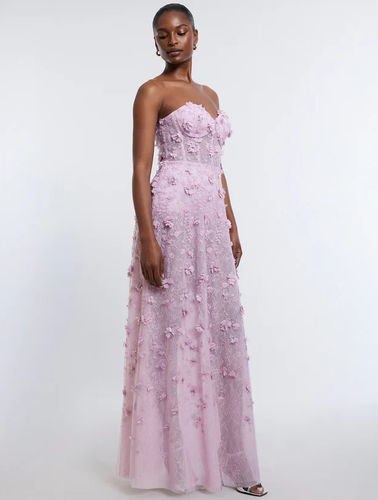 BCBG MAX AZRIA Poppy Strapless Floral Appliqué Gown DRESS Fragrant Lilac 68 - Picture 4 of 8
