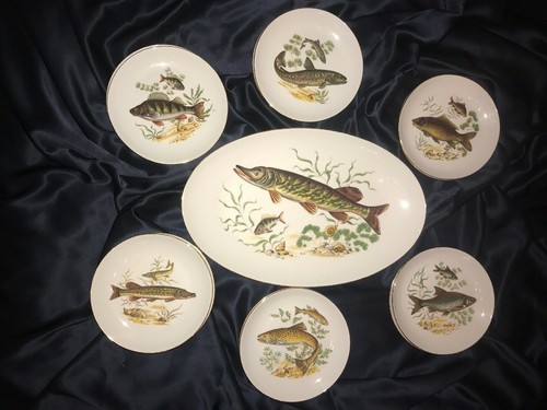 Vintage Israel Naaman Porcelain Platter Fish Serving 13PC Plates Set MINT - Picture 3 of 12
