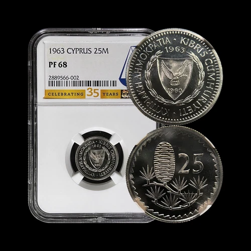 CYPRUS. 1963, 25 Mils - NGC PF68 - Top Pop 🥇 Shield Arms, Cedar of Lebanon RARE