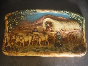 Vintage 1930s Covered Wagon WESTERN Wall Plaque Chalkware/Plaster of Paris 