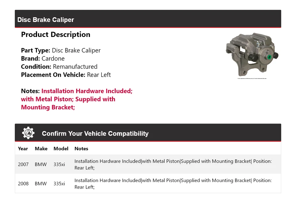 Pinza de freno de disco trasera izquierda cardone bmw 335xi 2007-2008 Foto 2 de 4