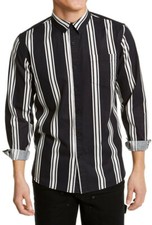 New Mens Sun  Stone Black White Stripe Button Down Casual Woven Shirt L