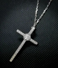 Cross Pendant Necklace with Simulated Diamond in Sterling Silver 14K Gold Plated
