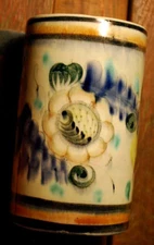 Vintage TONALA MEXICO CYLINDER VASE Folk Art Pottery FLOWER Hand Painted SIGNED 