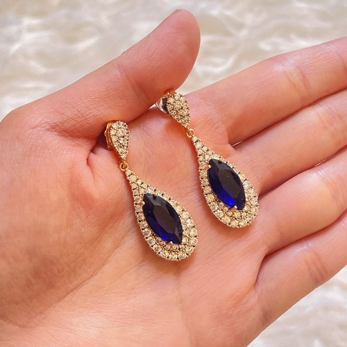Gold-Plated Statement Sapphire Blue Gemstone Crystal Diamante Drop Earrings - Picture 16 of 16