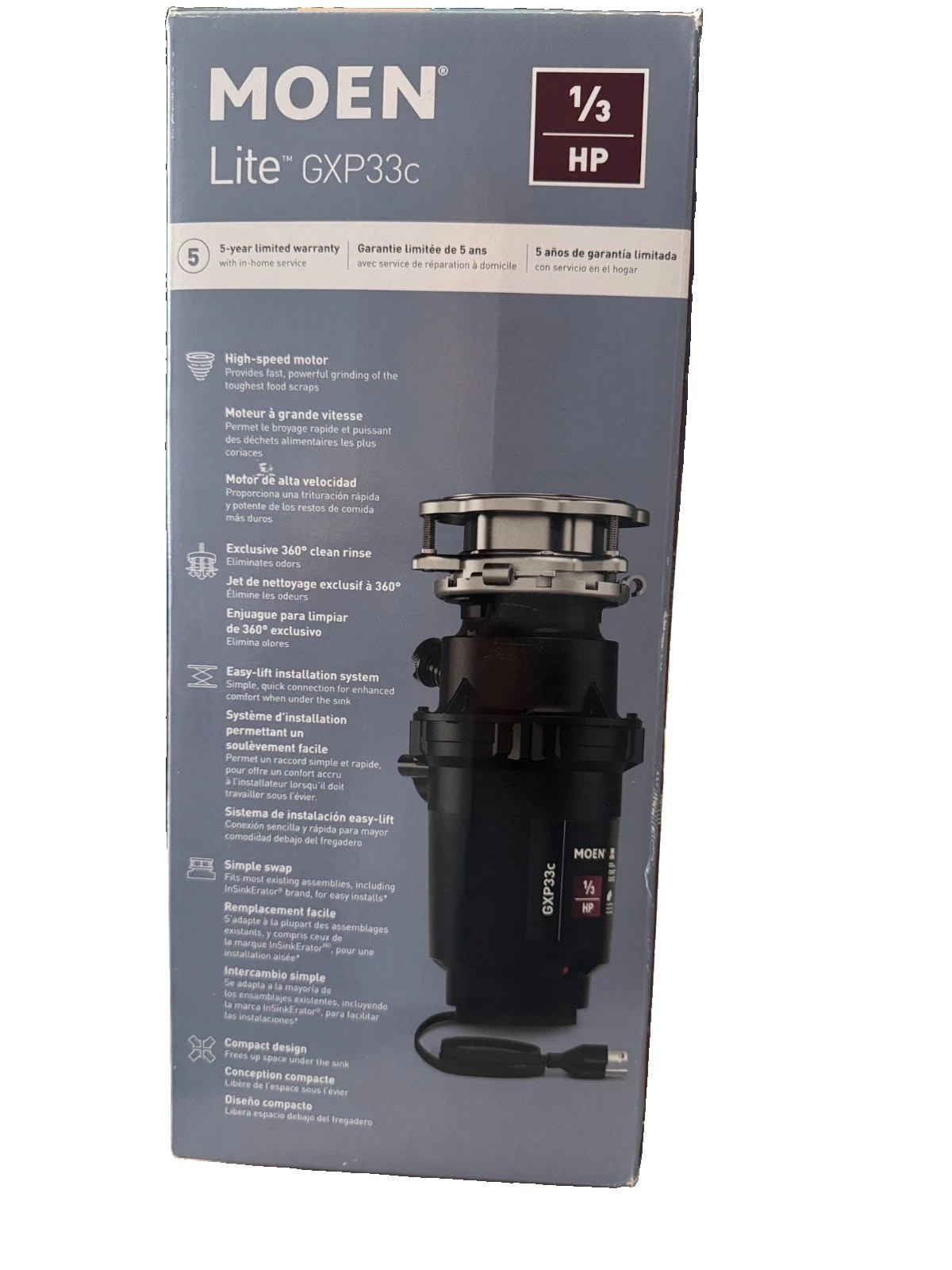Moen Lite GXP33c PRO Compact Garbage Disposal for Kitchen Sink 1/3 HP Black NEW