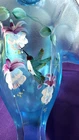 VTG Signed Scott Fenton Art Glass TWILIGHT BLUE  Hummingbird Orchids Basket 10"