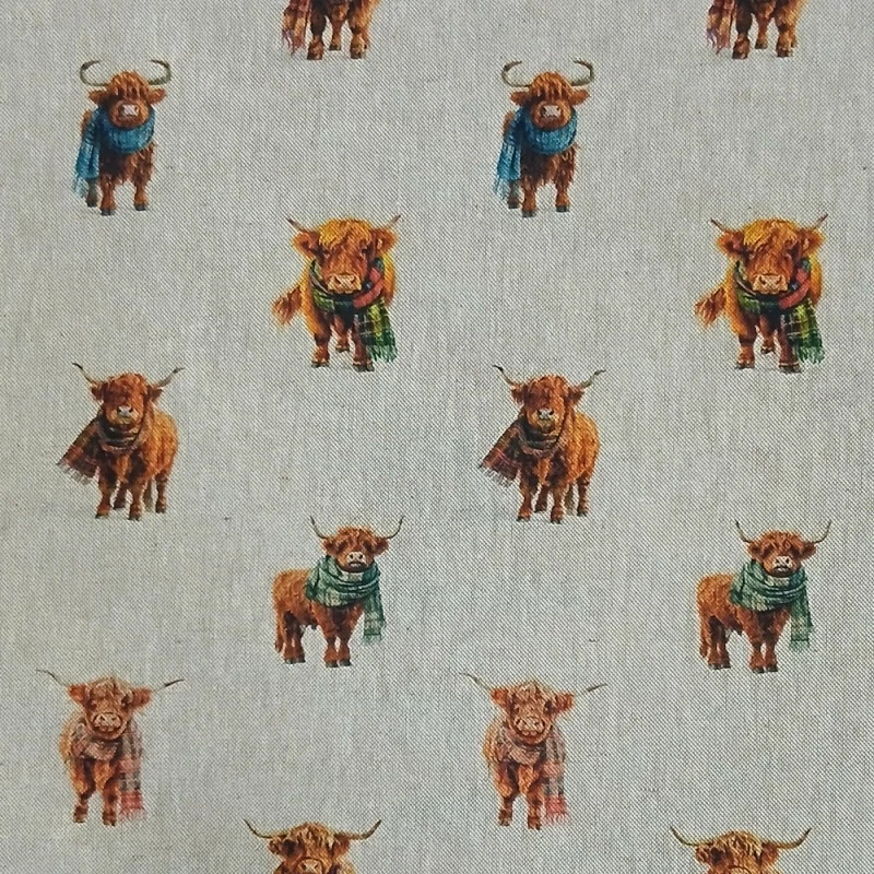 OH SEW CRAFTY Cotton Rich Linen Look Fabric Digital Highland Cows Scarves Allover 140cm Wide