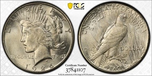 BU 1925-s Silver PEACE Dollar.  PCGS MS63+