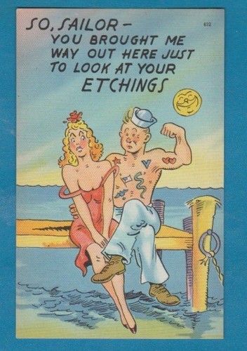Comic pc/sailor showing off his muscles and tattoos to his woman/not impressed