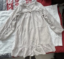 Beige Crinkle Cotton Tunic Dress Short Ruffle Balloon Sleeve Round Neck