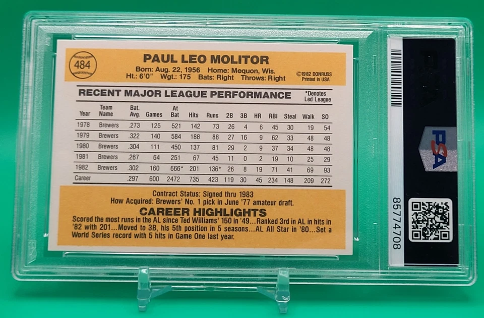 1983 Donruss #484 PAUL MOLITOR PSA 10 GEM MINT HOF Milwaukee Brewers 3.319 Hits⚡ - Imagem 2 de 2