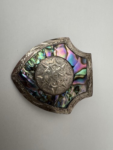 Vtg Jewelry Bolo Tie Sterling Silver Aztec Calendar And Abalone Engraved Mexico - Picture 11 of 13