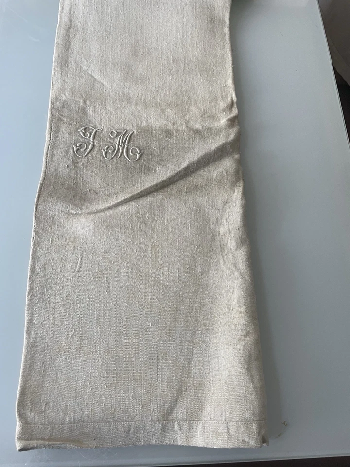 ANCIEN DRAP EN CHANVRE AVEC MONOGRAMME JM BRODE MAIN/7463V0 - Photo 2/4