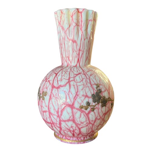 2 Antique Bohemian Harrach Malachite Pink White Gold Overlay Fluted Ball Vases - Picture 15 of 24