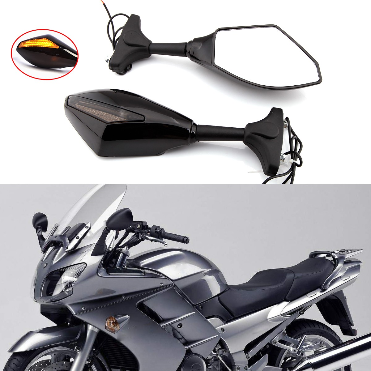 2x For Yamaha FJR1300A Gloss Side Mirrors Rearview w/ LED Turn