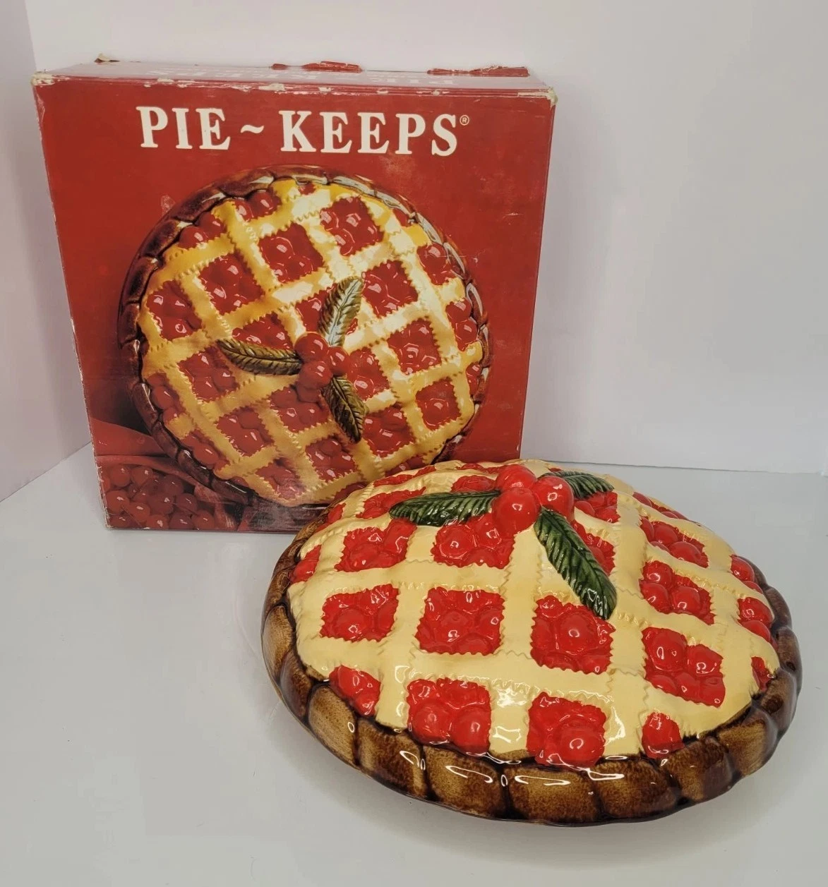 Vintage 12" Cherry Pie Keep Plate Dish W/Lid Ceramic Handpainted With Box PK-2
