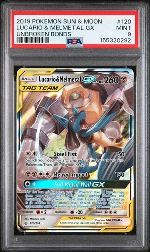 2019 POKEMON SUN & MOON UNBROKEN BONDS #120 LUCARIO & MELMETAL GX PSA 9