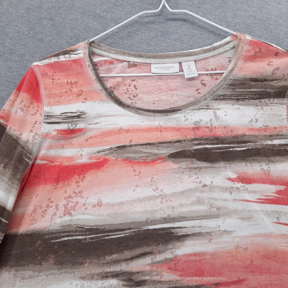 Chico's Weekends Shirt Womens 2 US L Red Brown Abstract 3/4 Sleeve Scoop Neck - Image 3 of 4