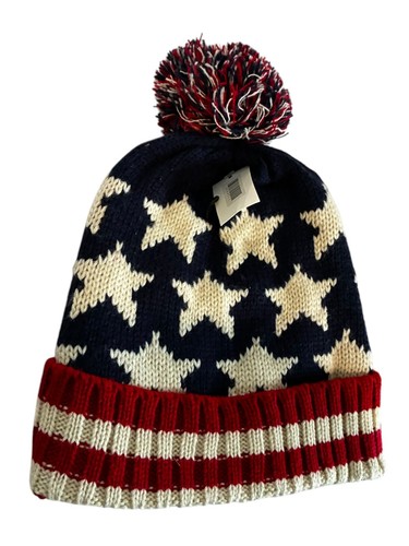 Parquet American Flag Knit Pom Beanie Toque Ski Hat with Stars - Picture 7 of 7