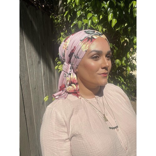 Headscarf for Her, Pink Floral Print Head Wrap, Hijab Tichel Chemo Hair Cover - Picture 2 of 5
