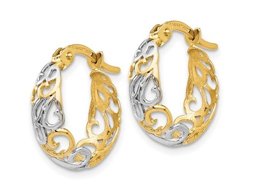 14K Yellow and White Gold Polished Hoop Earrings - Picture 3 of 4