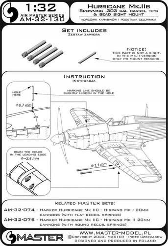 Cañones de pistola Master AM-32-130 - 1:32 Hawker Hurricane Mk.IIB Browning .303 cal - Imagen 2 de 5