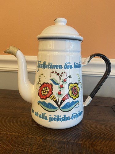 VINTAGE BERGGREN ENAMEL SWEDISH COFFEE TEAPOT FOLK ART ENAMELWARE - Picture 1 of 10