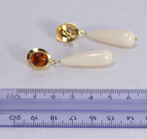 ORECCHINI ARGENTO 925 DORATO AMBRA CABOCHON E PENDOLI OSSO AGHT 0796 - Foto 3 di 3