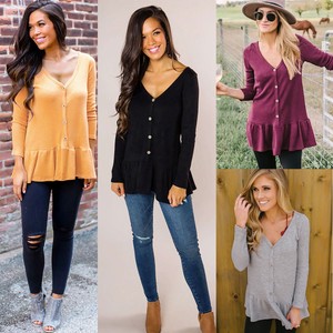 Women-039-s-V-Neck-Long-Sleeve-Ruffle-Hem-Casual-Shirt-Blouse-Tunic-Tops-with-Button