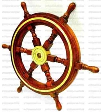 Antique Designer 18 Inch Wooden Ship Wheel With Brass Ring Handmade Decorative