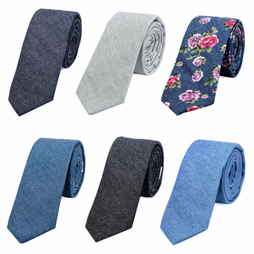 Wąski męski krawat jeans modny styl bawełna wełna niebieskie kwiaty do koszuli - Zdjęcie 1 z 19