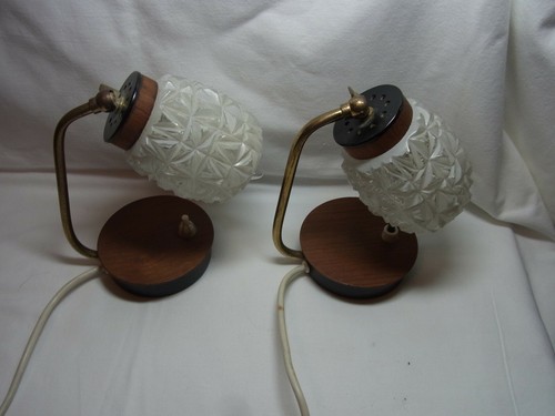 Pair Mid Century 60s Teak & Glass Shades Light Night Bed Side Lamps #<
