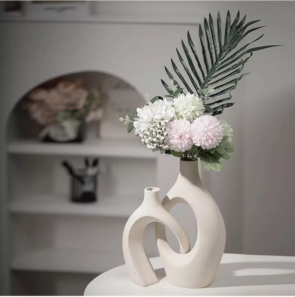 (S7J) Juego de 2 jarrones de cerámica beige XL para decoración moderna del hogar, entrada ecléctica Foto 4 de 4