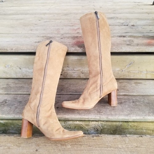 Vintage 90s y2k Candies Bratz Camel Tan Faux Suede Chunky Heel Sock Tall Boots 7 - Picture 4 of 12