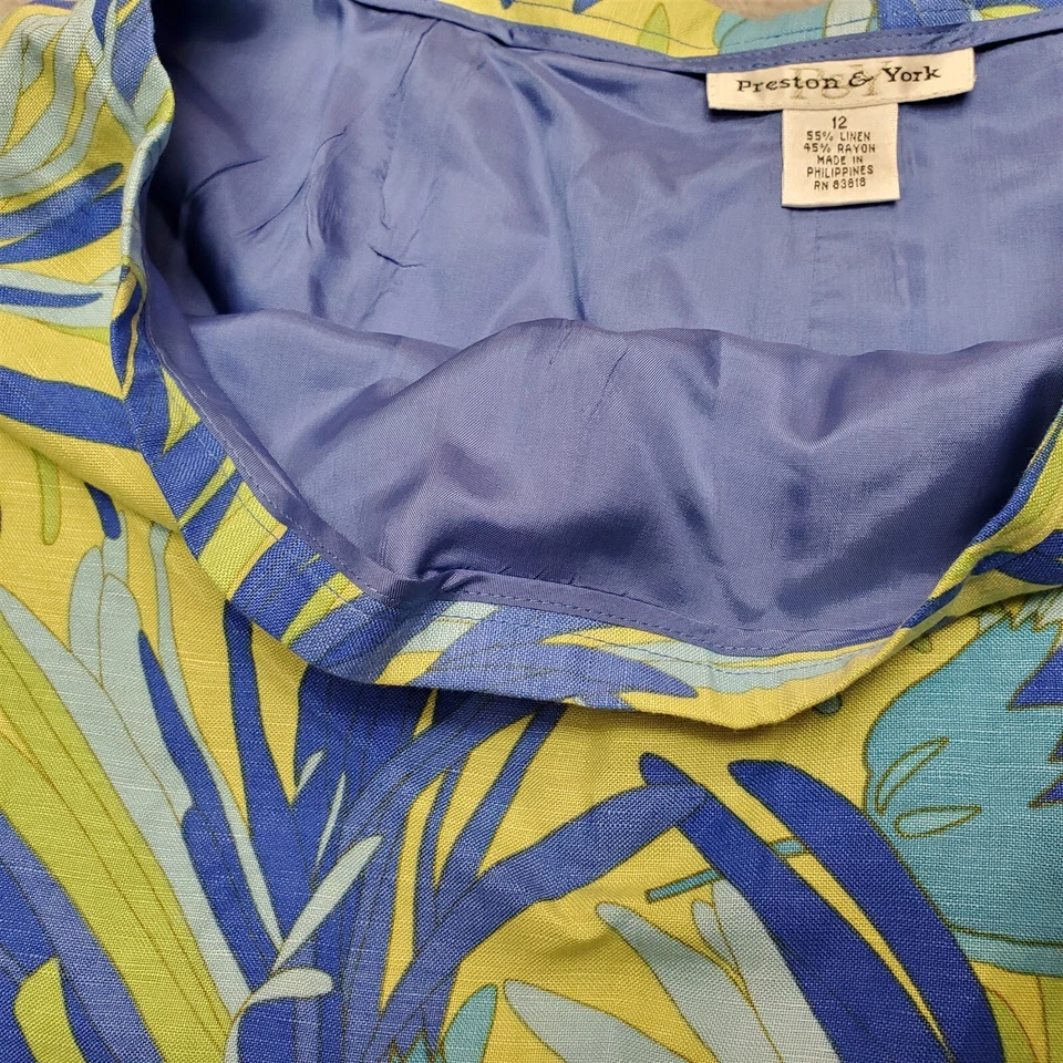 Preston York 裙子女式 12 码蓝色绿色花卉衬里亚麻混纺流畅 A 字 — 第 4/4 张图片