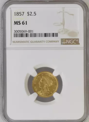 1857 LIBERTY GOLD $2.5 QUARTER EAGLE NGC MS61