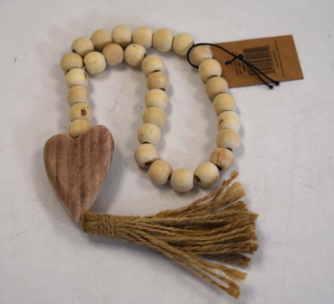 Creative Co-Op Paulownia Wood Beads w Heart Pendant & Jute Tassel DF2773