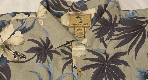 Jamaica Jaxx Hawaiian Shirt Mens L GR/BLUE 100% Silk Button Up Short Sleeve Camp - Picture 4 of 5