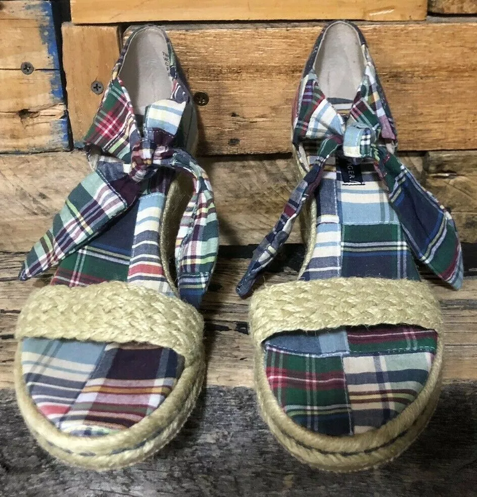 Tommy Hilfiger Espadrilles Madras Plaid Wedge Sandals Ankle Ties Womens Sz 7