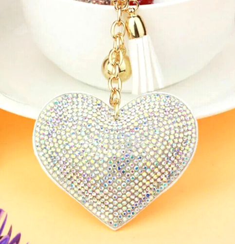 GROSSES HERZ Strass QUASTE Gold Clip On SCHLÜSSELRING weiß TASCHE CHARM Valentinstag - Bild 3 von 7